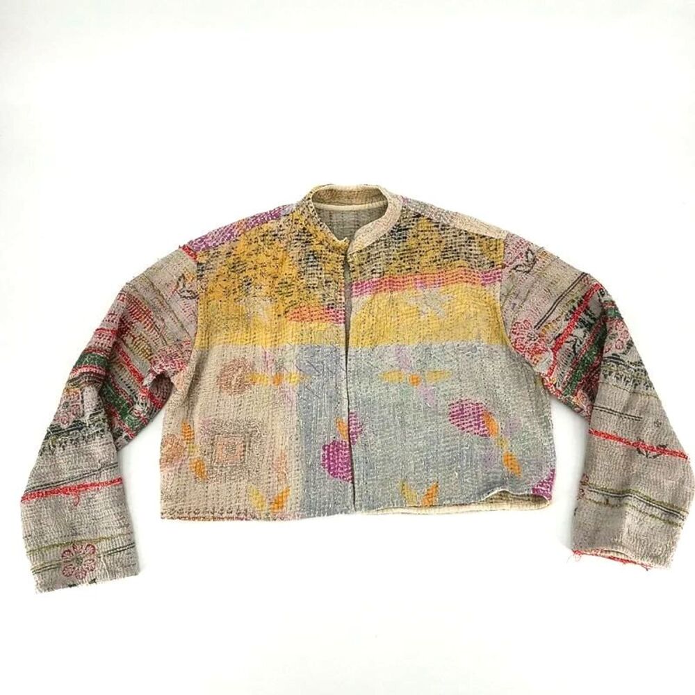 Reversible Kantha Quilted Patchwork Cropped Jacket Handmade Boho Wearable Art - Picture 5 of 14